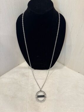 Long textured Silver Circular Pendant Necklace with Gray Bar Accent